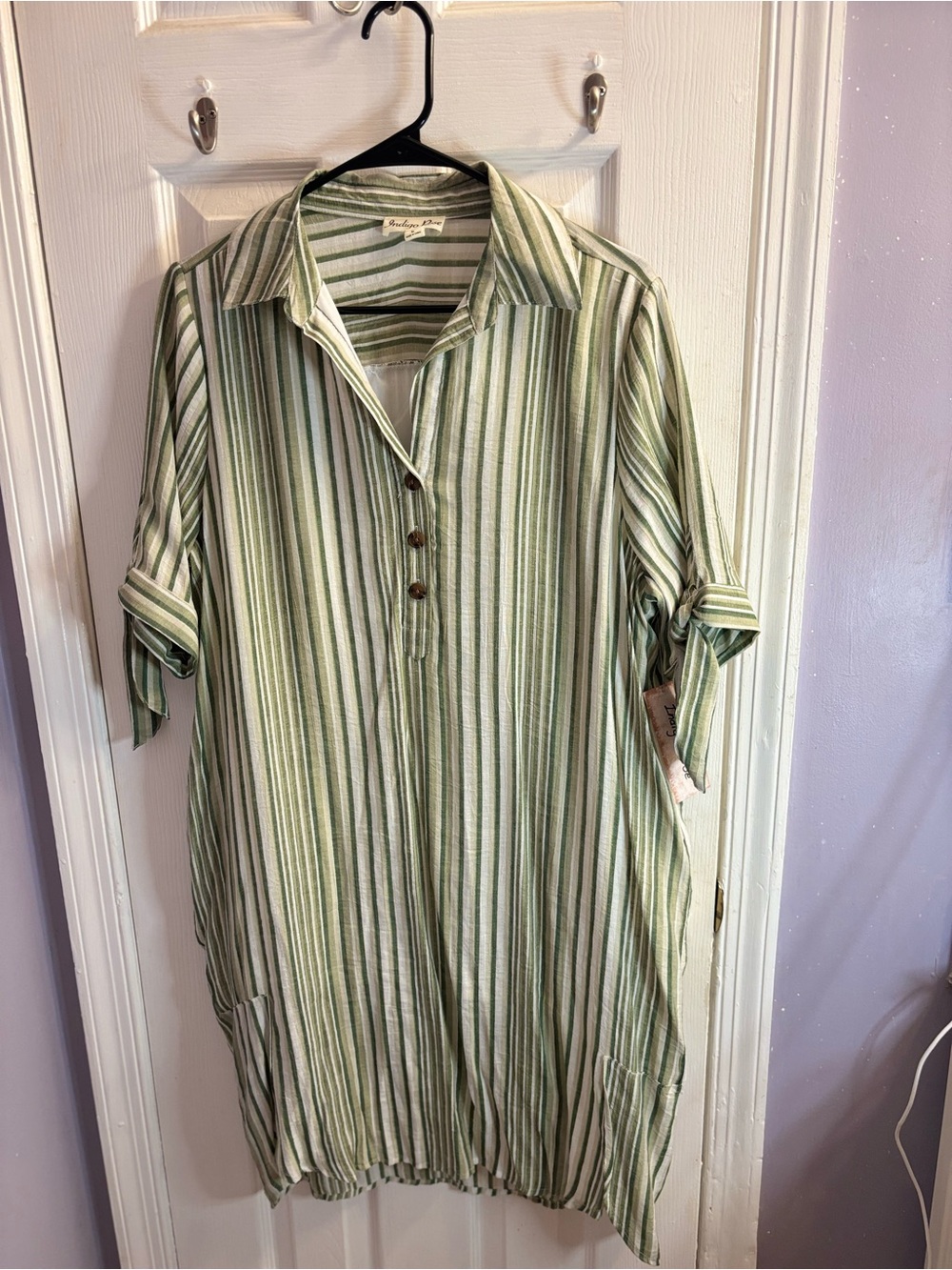 Light Green Stripe Button-Down Shirt Dress - Casual Women’s Tunic
